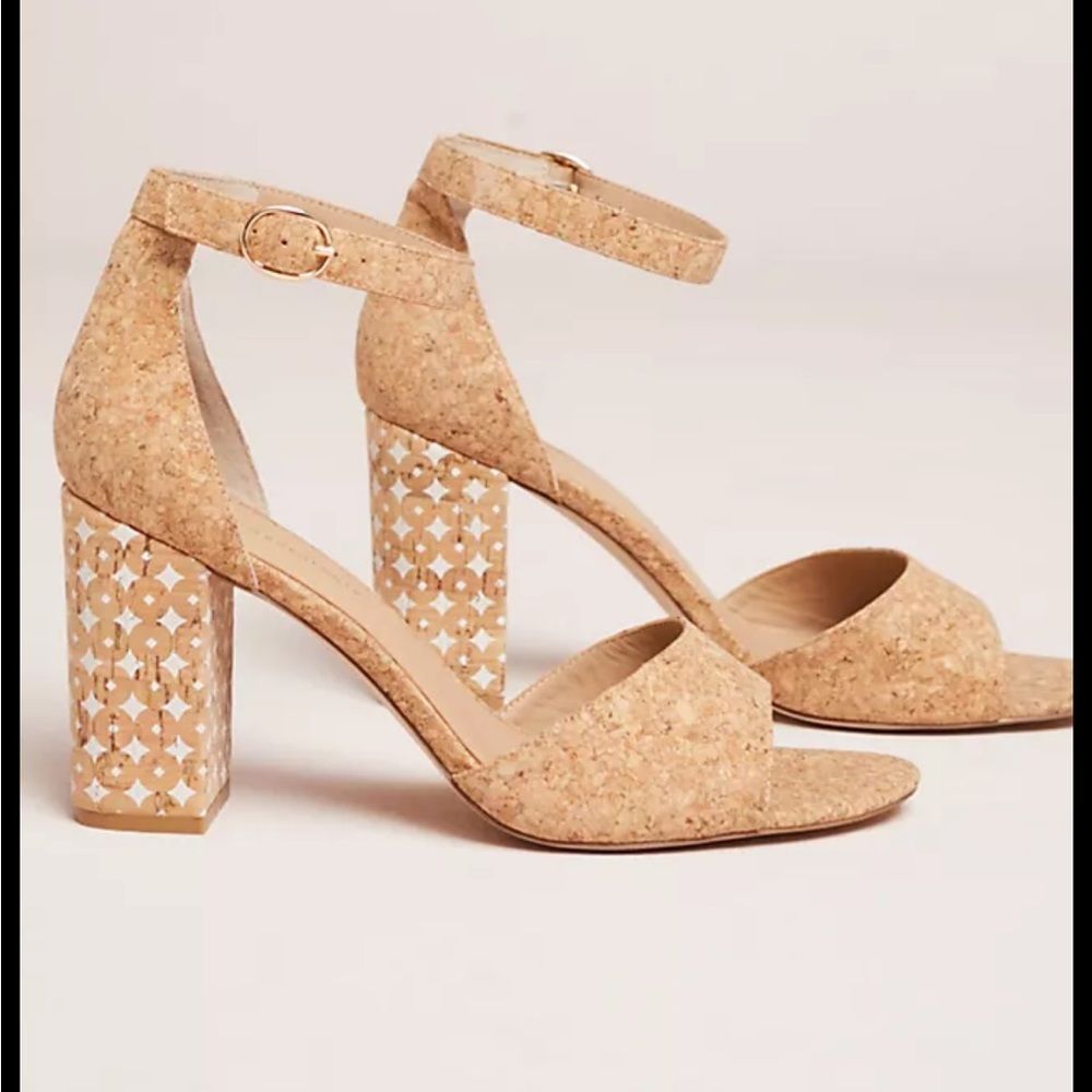 Anthropologie Cork Block Heel Sandals in Natural Tan
